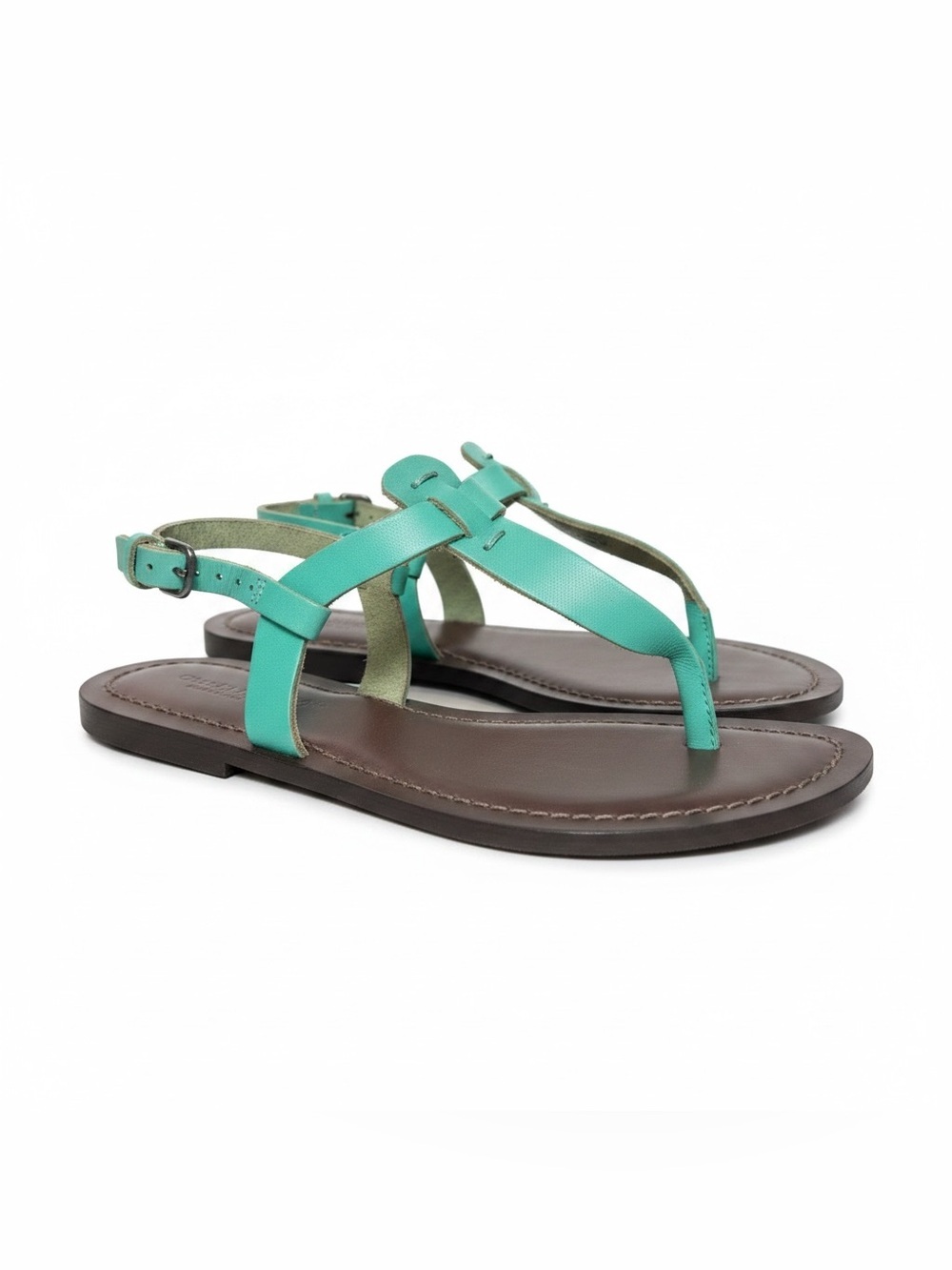 NWOT Garnet Hill Teal Leather T-Strap Sandals with Brown me Footbed
